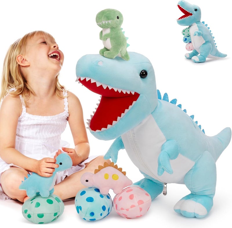 MorisMos XXL Dinosaur Bear 60cm Blue with 3 Puppies Inside, Large Plush Dinosaur, Soft Plush Dinosaur Toy for Kids, Christmas Gifts for Boys Girls - Image 1
