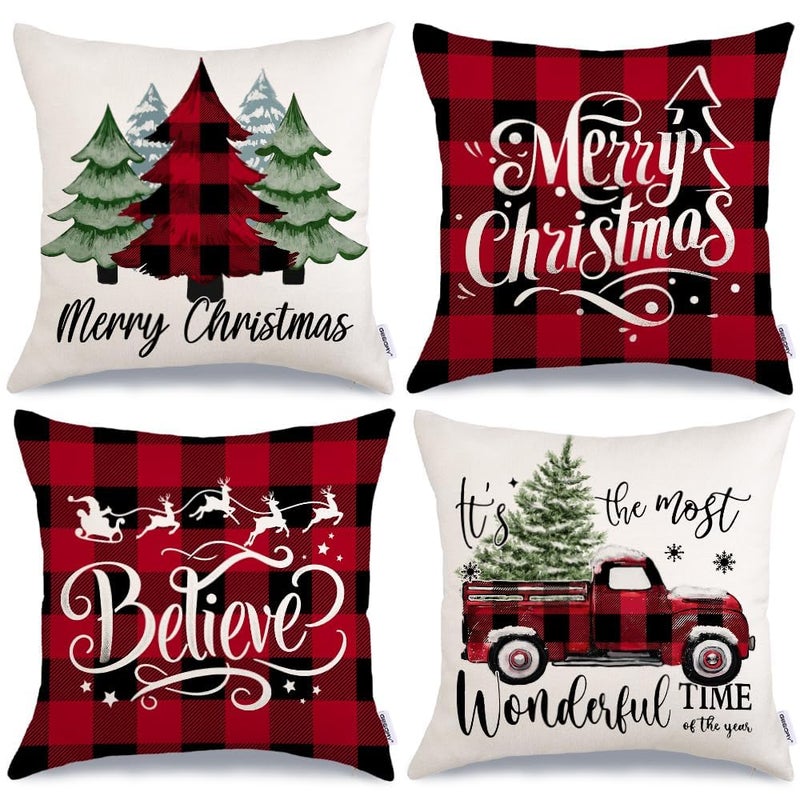 GEEORY Merry Christmas Throw Pillow Covers 20x20 Inch Set of 4 Xmas Trees Truck Buffalo Plaid Believe Farmhouse Decorative Cushion Cases for Home Decoration G42120