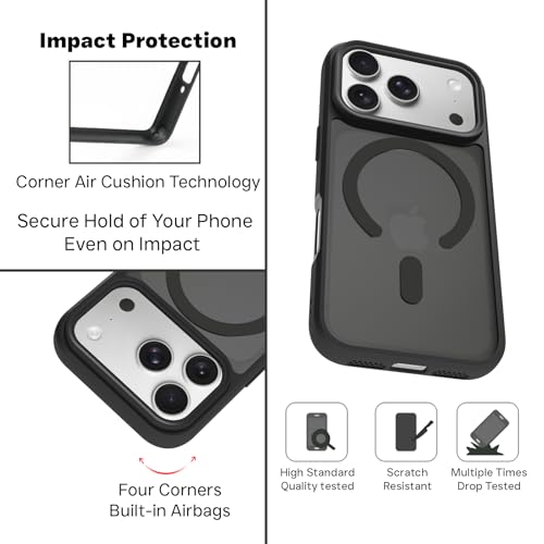 RIGGEAR Shockproof Sleek Hybrid Armor Magnetic Back Cover Case Compatible with MagSafe Accessories for iPhone 17 Pro (Smoke Black Matte PC + Black TPU Bumper) - Image 3