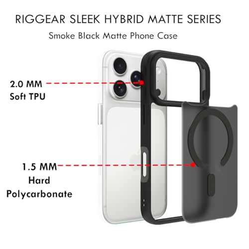 RIGGEAR Shockproof Sleek Hybrid Armor Magnetic Back Cover Case Compatible with MagSafe Accessories for iPhone 17 Pro (Smoke Black Matte PC + Black TPU Bumper) - Image 4