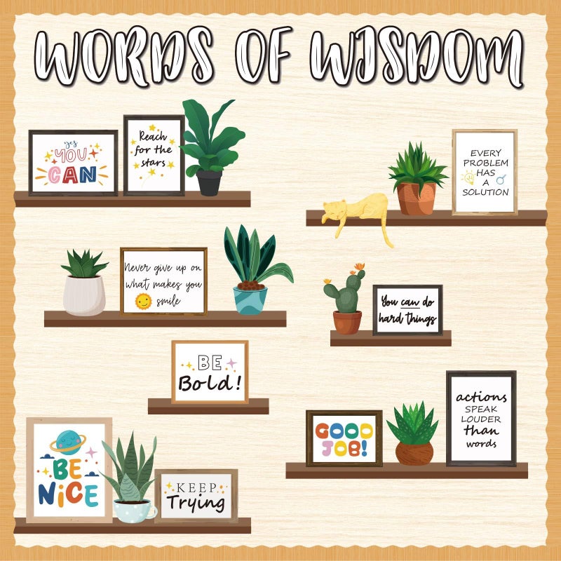 VABAMNA Bulletin Board Decorations for Classroom, 74Pcs Greenery Positive Affirmation Motivational Cutouts Classroom Must Haves for Teacher Welcome Back to School Door Wall Decor 74WordsOfWisdomBulletinBoard - Image 1
