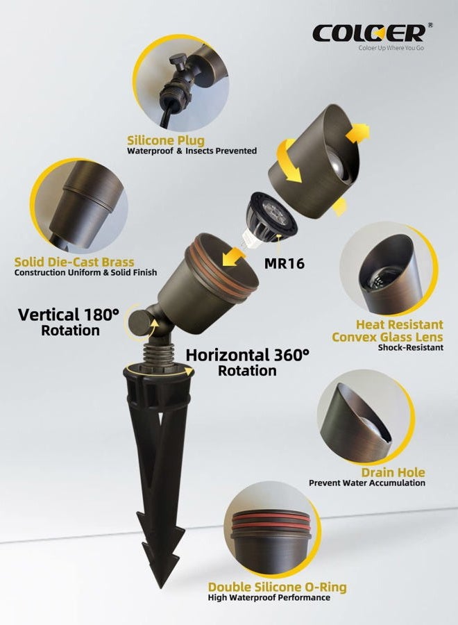 COLOER Die-cast Brass Landscape Spotlights,6 Pack Spot Lights Outdoor with 5W MR16 LED Bulb Kit Ground Stake Included,12V AC/DC Low Voltage Outdoor Lighting for Yard,Uplight for Garden and Patio(101B) - Image 3