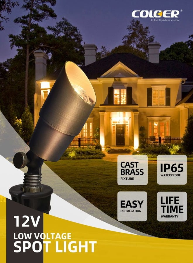 COLOER Die-cast Brass Landscape Spotlights,6 Pack Spot Lights Outdoor with 5W MR16 LED Bulb Kit Ground Stake Included,12V AC/DC Low Voltage Outdoor Lighting for Yard,Uplight for Garden and Patio(101B) - Image 2