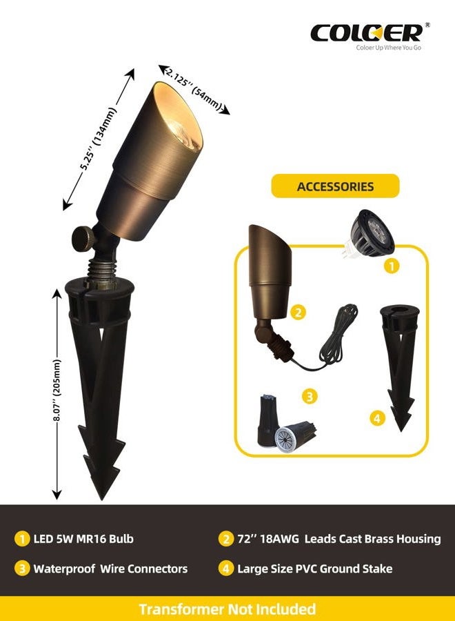 COLOER Die-cast Brass Landscape Spotlights,6 Pack Spot Lights Outdoor with 5W MR16 LED Bulb Kit Ground Stake Included,12V AC/DC Low Voltage Outdoor Lighting for Yard,Uplight for Garden and Patio(101B) - Image 4