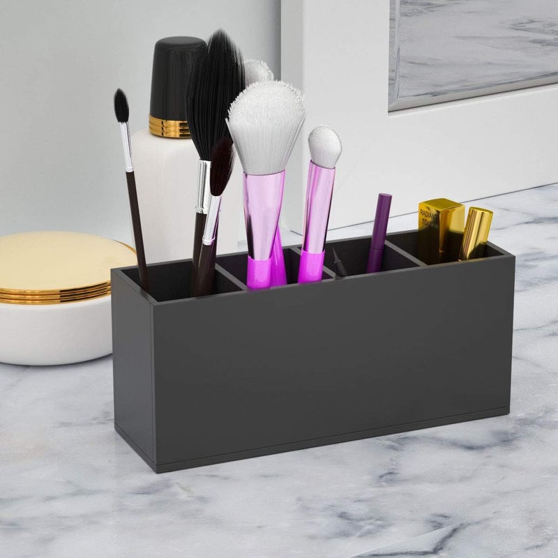 NIUBEE Acrylic Pen Holder 4 Compartments, Black Pencil Organizer Cup for Countertop Desk Accessory Storage (Black) - Image 5