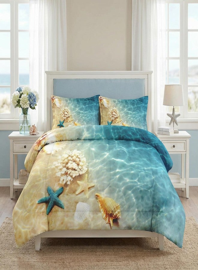 WeCozy Queen Size Comforter Set with 2 Pillowcases, Summer Beach Sea Animal Seashell Soft Bedding Set for Kids and Adults Bedroom Bed Decor - Image 1