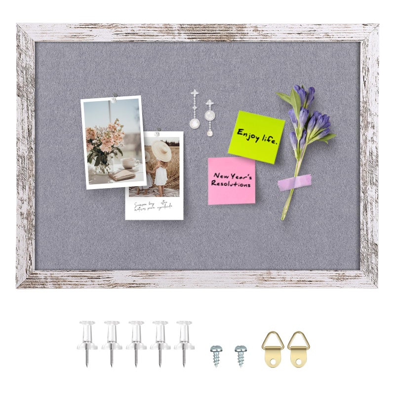 Aitakatta Gray Felt Bulletin Board, 17x13 inches Decorative Hanging Bulletin Boards for Walls with White Rustic Wood Frame, Pin Board Vision Board for Office Home School with Pins (4333,WH,1pc) - Image 1