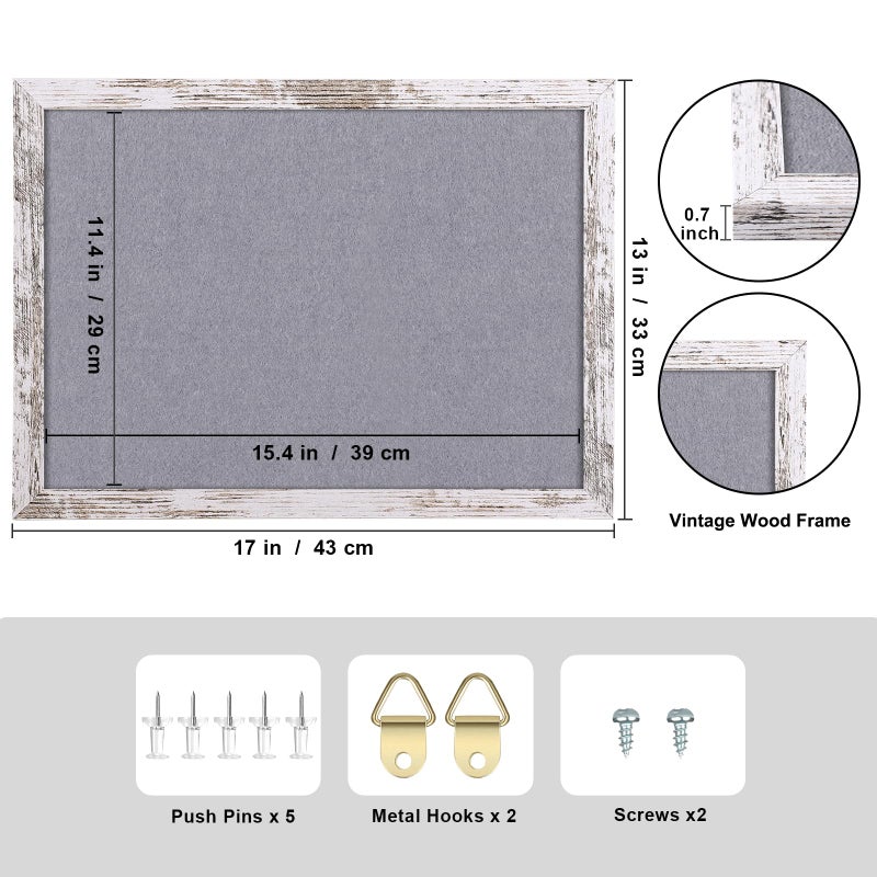 Aitakatta Gray Felt Bulletin Board, 17x13 inches Decorative Hanging Bulletin Boards for Walls with White Rustic Wood Frame, Pin Board Vision Board for Office Home School with Pins (4333,WH,1pc) - Image 2