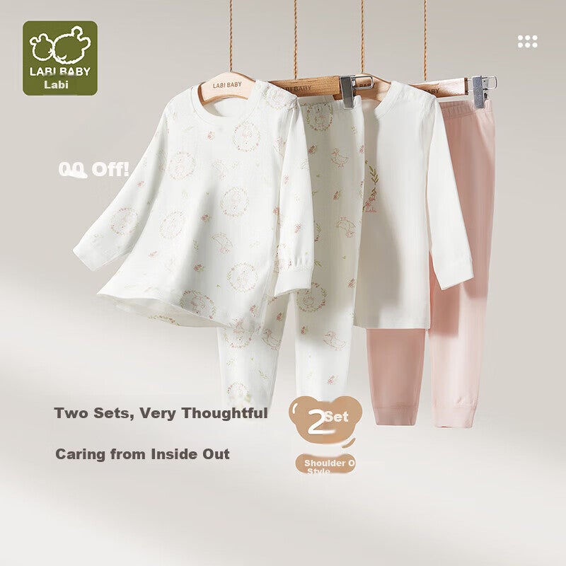 JD Jing Zao Labi Baby Girls' Autumn Winter Thermal Underwear Set Pajamas Sleepwear Pink Size 90 - Image 1
