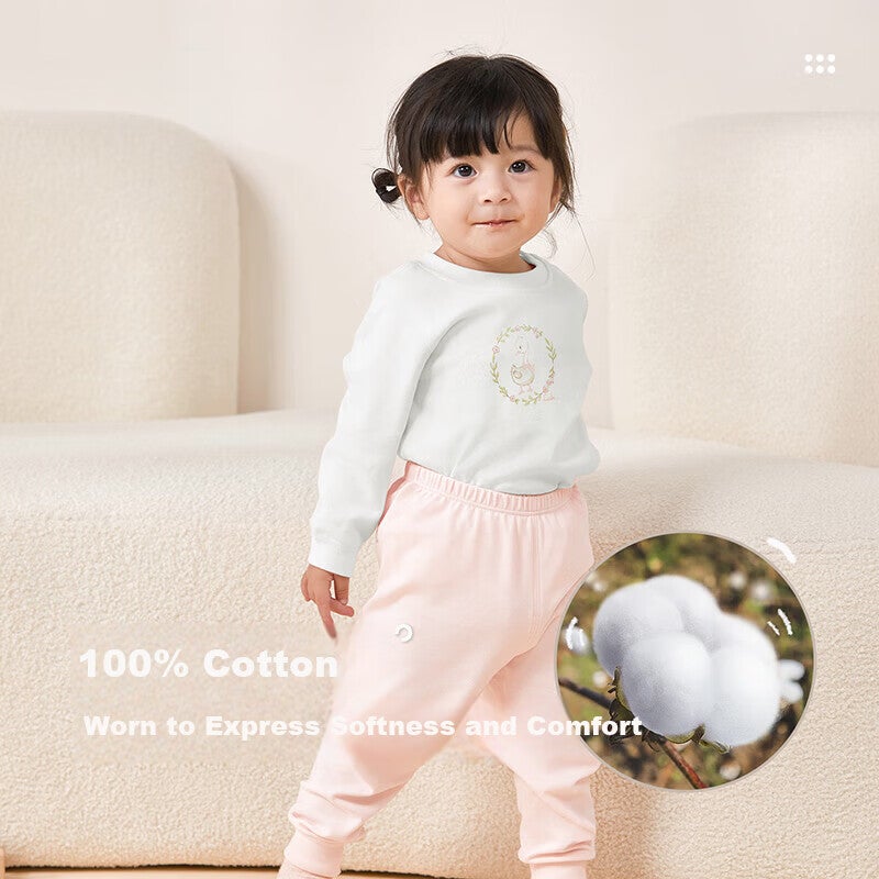 JD Jing Zao Labi Baby Girls' Autumn Winter Thermal Underwear Set Pajamas Sleepwear Pink Size 90 - Image 2