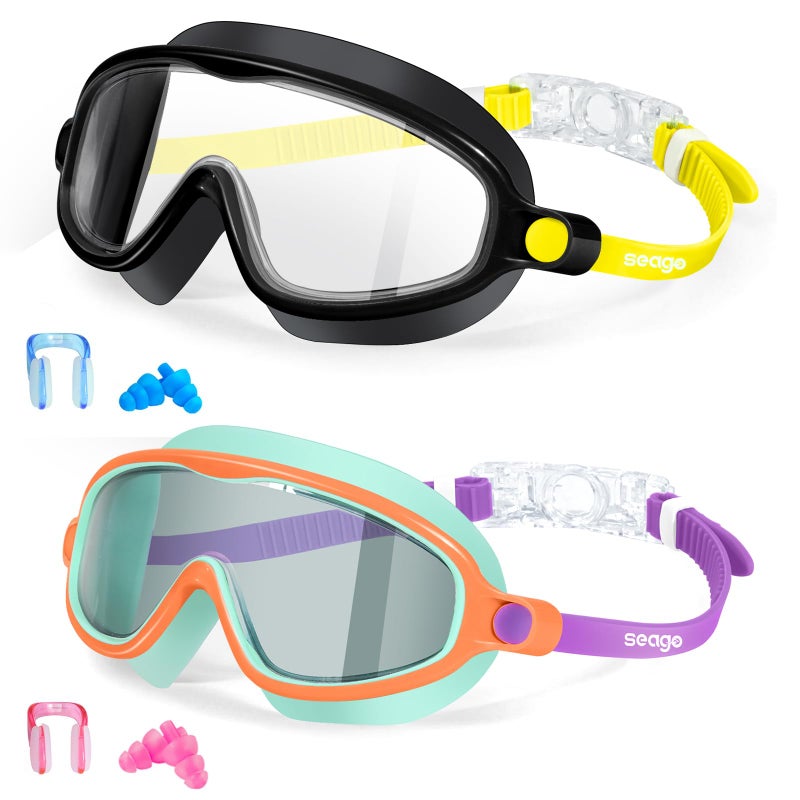 Seago Kids Goggles for Swimming 2 Pack No Leaking Anti-Fog Outer Eye Fit with Wide View UV Protection Crystal Clear Watertight Swim Goggles with nose cover Suitable for Children Youth Boys Girls Age 3 to 14 - Image 1