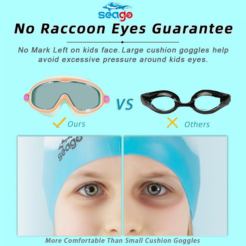 Seago Kids Goggles for Swimming 2 Pack No Leaking Anti-Fog Outer Eye Fit with Wide View UV Protection Crystal Clear Watertight Swim Goggles with nose cover Suitable for Children Youth Boys Girls Age 3 to 14 - Image 4