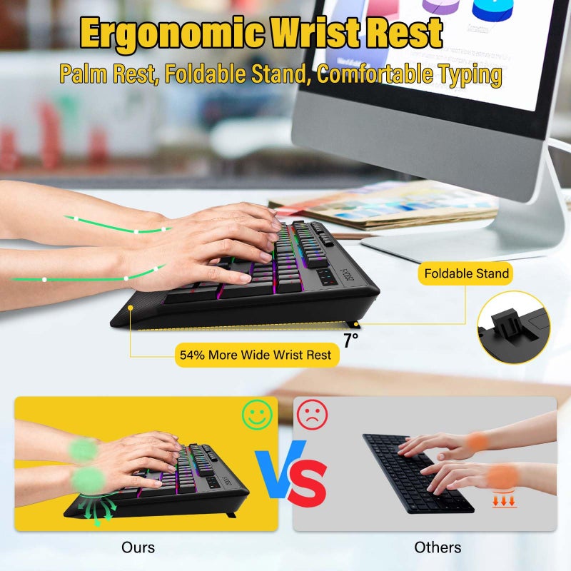 E-YOOSO Wireless Bluethooth Gaming Keyboard,8 RGB Backlit light up,Silent Touch Less Noise 95%,Ergonomic Wrist Rest,USB C Rechargeable,Tri-mode BT5.0/2.4GHz/Wired,For PC Computer/Mac/Laptop/IPad/Xbox/PS5 - Image 4