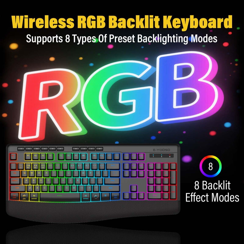 E-YOOSO Wireless Bluethooth Gaming Keyboard,8 RGB Backlit light up,Silent Touch Less Noise 95%,Ergonomic Wrist Rest,USB C Rechargeable,Tri-mode BT5.0/2.4GHz/Wired,For PC Computer/Mac/Laptop/IPad/Xbox/PS5 - Image 2