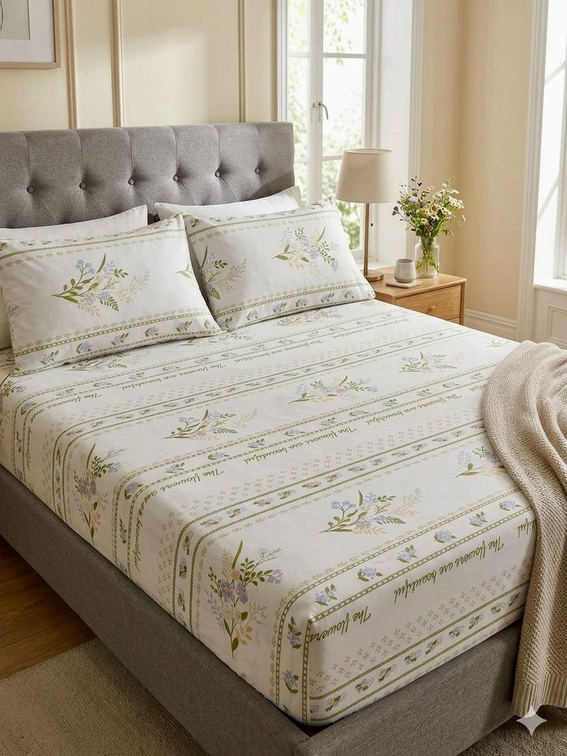Yarlin-Cotton 100% Bed Set (Fitted Bedsheet for 180 cm beds and 2 Small Pillowcases (Olives) Design