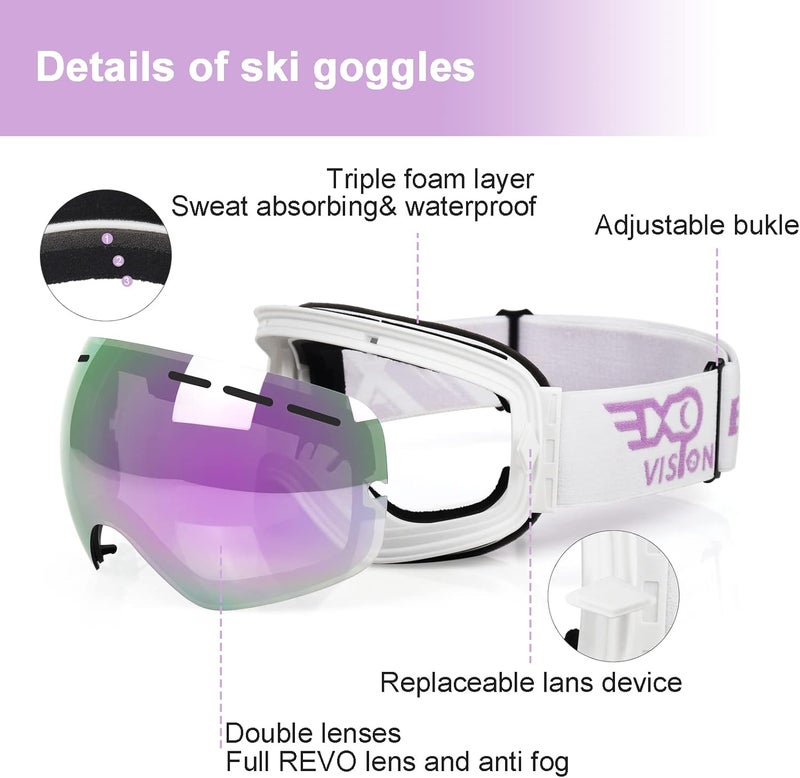 EXP VISION Snowboard Ski Goggles Men Women Youth, Anti Fog OTG Winter Snow Goggles Spherical Detachable Lens - Image 4