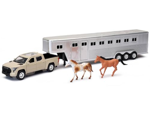 NewRay Pro Pickup Truck Beige with Horse Trailer Chrome and Horse Figures Long Haul Truckers Series 132 Diecast Model by New Ray SS19533 - Image 1