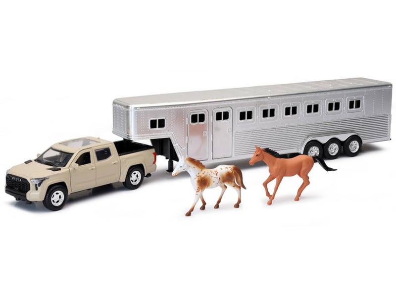 NewRay Pro Pickup Truck Beige with Horse Trailer Chrome and Horse Figures Long Haul Truckers Series 132 Diecast Model by New Ray SS19533 - Image 3