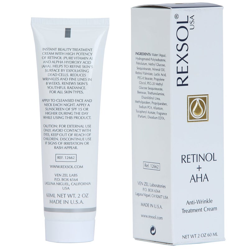 REXSOL Retinol + AHA Anti-wrinkle Treatment Cream | With pure Vitamin A and Vitamin E | Beeswax | Effectively diminishing fine lines & wrinkles, age spots & pigment.(60 ml / 2 fl oz) - Image 2