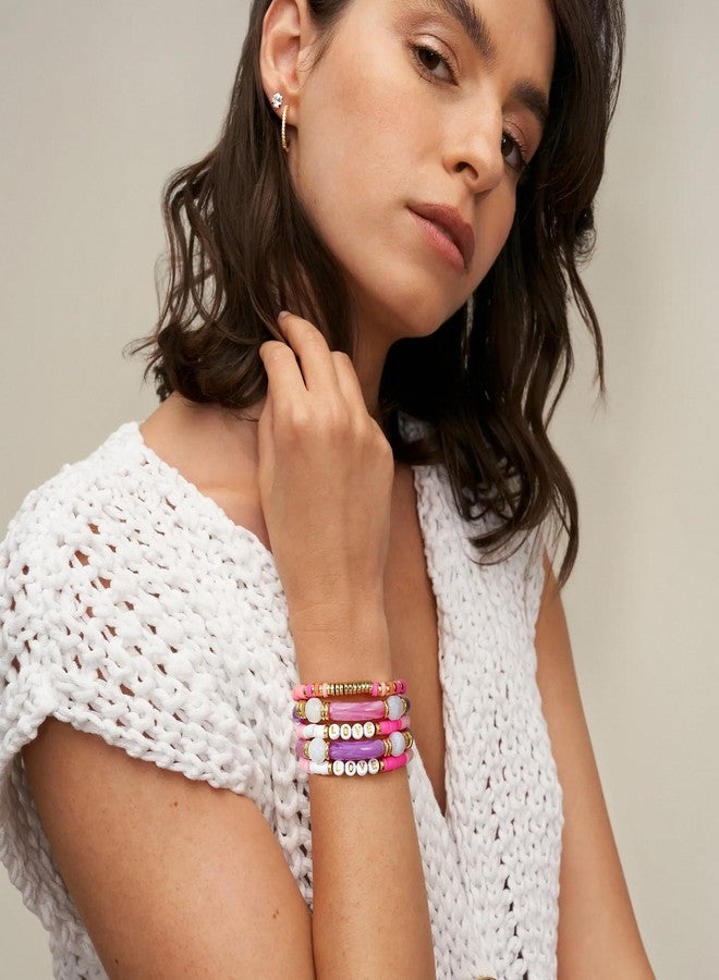 Badu Bamboo Tube Bangles Bracelet Curved Stacking Clear Acrylic pink Beads Stretchable Friendship Gold Bracelets Gifts For Bestfriends, Couple, Family Members, Siblings, mother, Lover - Image 3