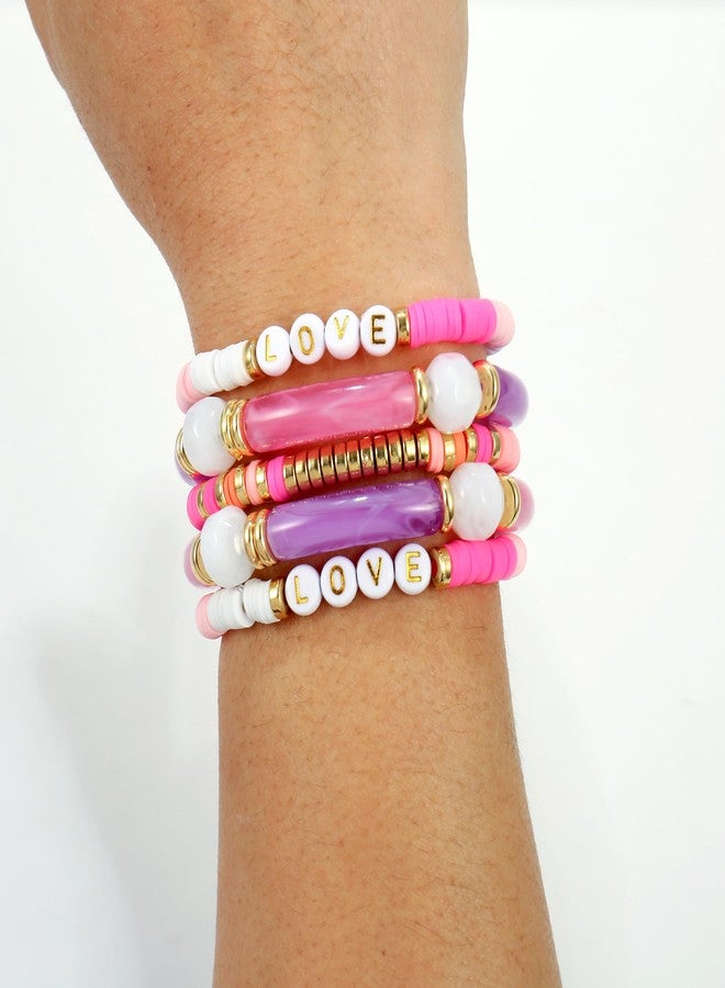 Badu Bamboo Tube Bangles Bracelet Curved Stacking Clear Acrylic pink Beads Stretchable Friendship Gold Bracelets Gifts For Bestfriends, Couple, Family Members, Siblings, mother, Lover - Image 5
