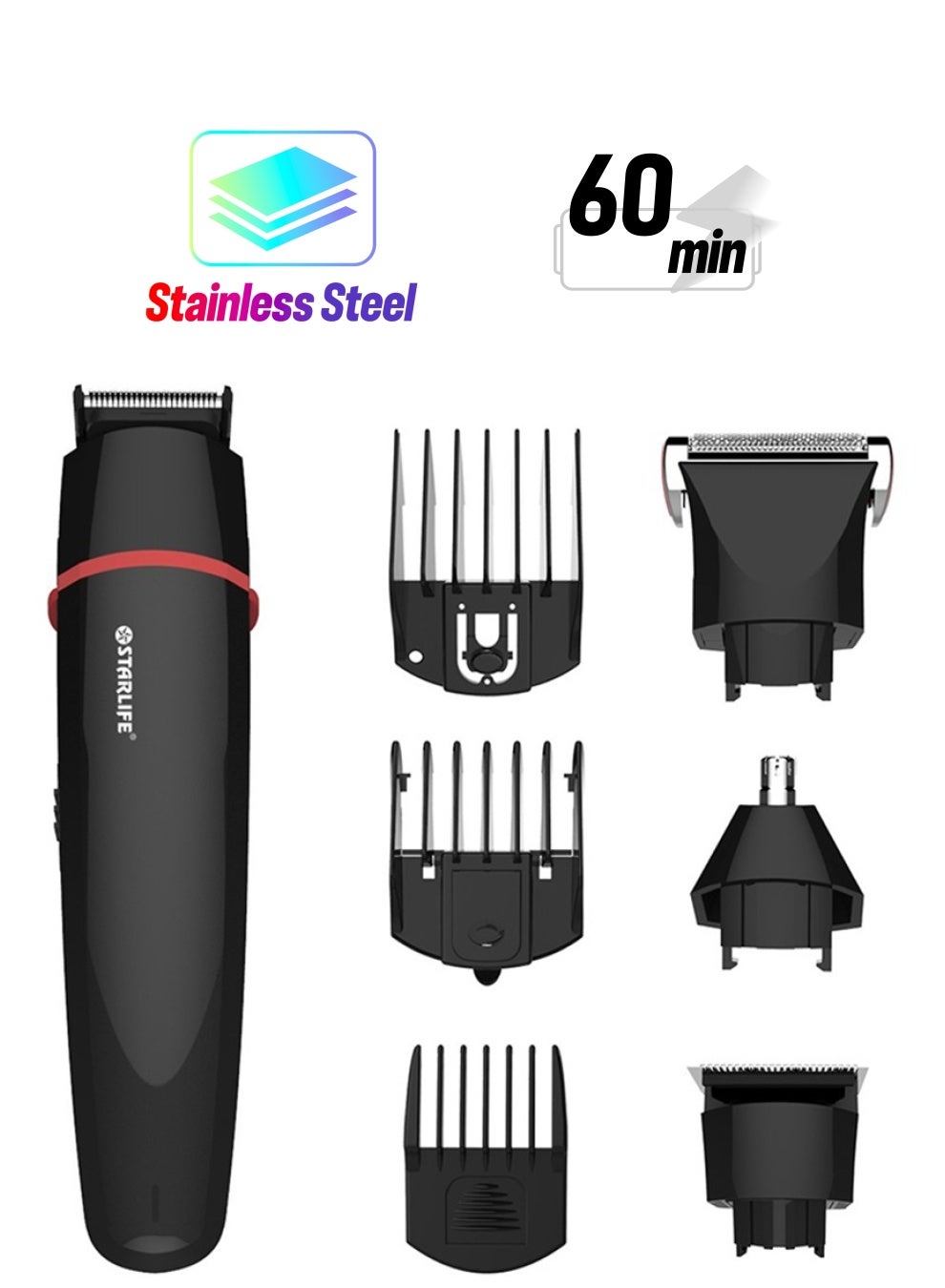 Rechargeable Electric Clipper Hair Trimmer, Multi Grooming Barber Kit with 7pcs Professional Cutting Tools, 60min runtime, Cordless Trimmer