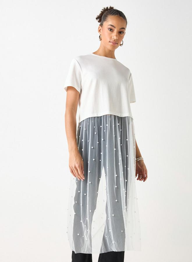 تواكستريمز بلوزة بياقة ضيقة وتزيينات لؤلؤ وتفاصيل شبكية من تو إكستريمز - Image 1