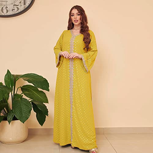 FPOVFPO Womens Muslim Abaya Dress One-Piece V Neck Bronzing Dress Islamic Full Length Kaftan Daily Casual Dress Yellow - Image 2