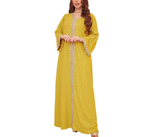 FPOVFPO Womens Muslim Abaya Dress One-Piece V Neck Bronzing Dress Islamic Full Length Kaftan Daily Casual Dress Yellow - Image 1