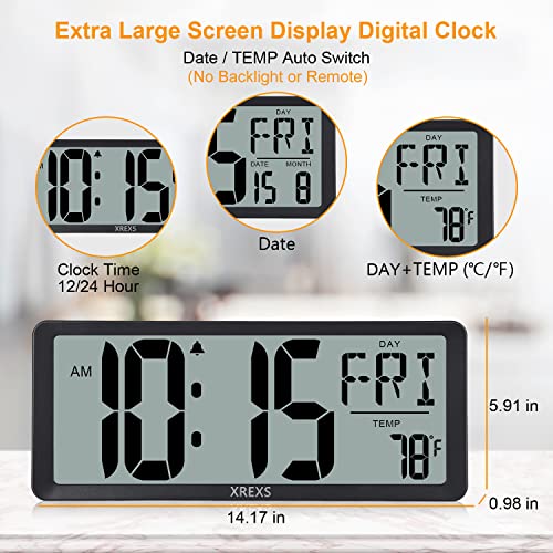 XREXS Large Digital Wall Clock, Battery Operated Alarm Clocks for Bedroom Home Decor, Count Up & Down Timer, 14.17 Inch Large LCD Screen with Time/Calendar/Temperature Display (Batteries Included) - Image 4