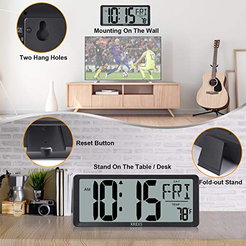 XREXS Large Digital Wall Clock, Battery Operated Alarm Clocks for Bedroom Home Decor, Count Up & Down Timer, 14.17 Inch Large LCD Screen with Time/Calendar/Temperature Display (Batteries Included) - Image 3