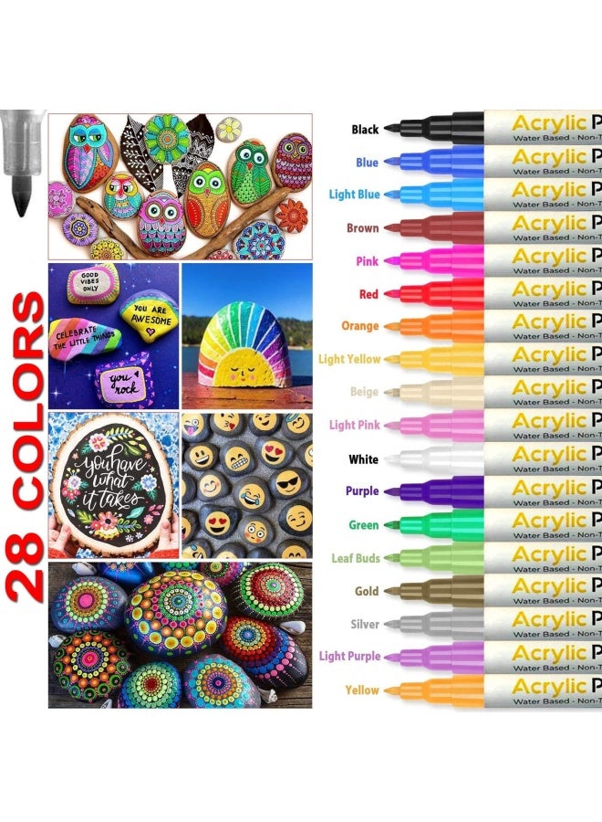 Premify مجموعة أقلام طلاء أكريليك مكونة من 28 لونًا لرسم الصخور والحجر والسيراميك والزجاج والخشب والقماش، قلم تحديد مقاوم للماء، طرف رفيع للغاية 0.7 مم طلاء مائي، 10 أقلام ساطعة + 8 أقلام فاتحة + 10 أقلام تلوين أرضية - Image 1