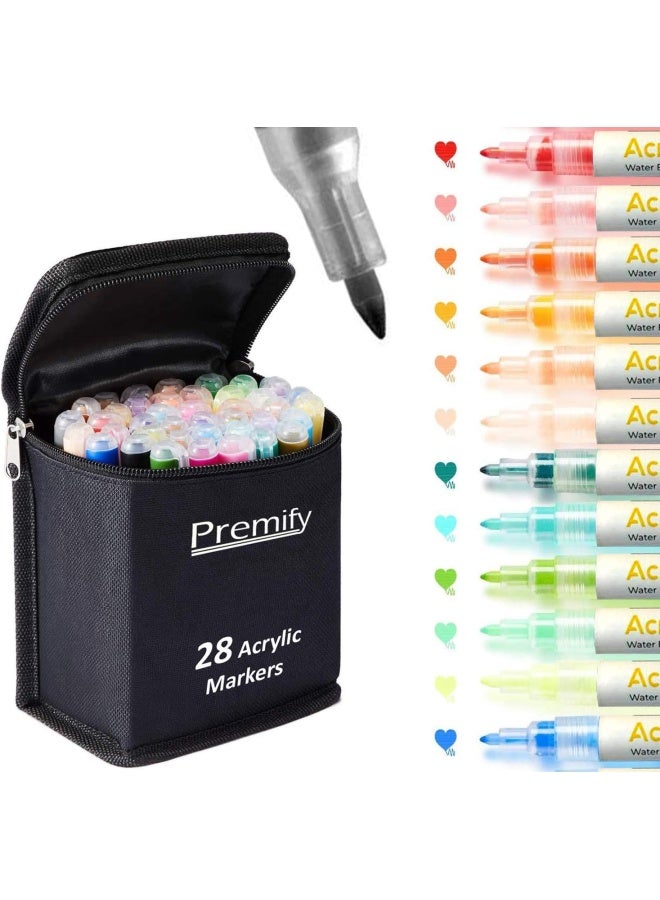 Premify مجموعة أقلام طلاء أكريليك مكونة من 28 لونًا لرسم الصخور والحجر والسيراميك والزجاج والخشب والقماش، قلم تحديد مقاوم للماء، طرف رفيع للغاية 0.7 مم طلاء مائي، 10 أقلام ساطعة + 8 أقلام فاتحة + 10 أقلام تلوين أرضية - Image 4