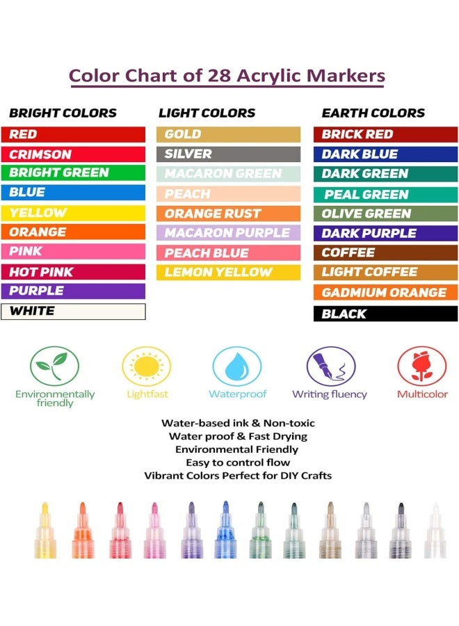 Premify مجموعة أقلام طلاء أكريليك مكونة من 28 لونًا لرسم الصخور والحجر والسيراميك والزجاج والخشب والقماش، قلم تحديد مقاوم للماء، طرف رفيع للغاية 0.7 مم طلاء مائي، 10 أقلام ساطعة + 8 أقلام فاتحة + 10 أقلام تلوين أرضية - Image 2