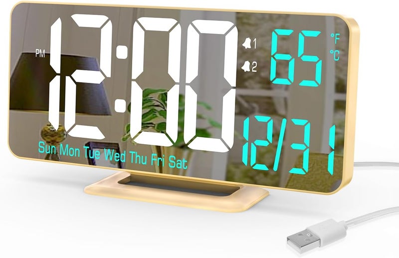 KOSUMOSU Dual Alarm Clock 6.7in Gold Desk Clock with Dimming, 12/24h, Seconds, Date, Day of Week, Temp, Digital LED Clock for Bedroom, Digital Calendar Clocks for Living Room Gold Desk Accessories - Image 1