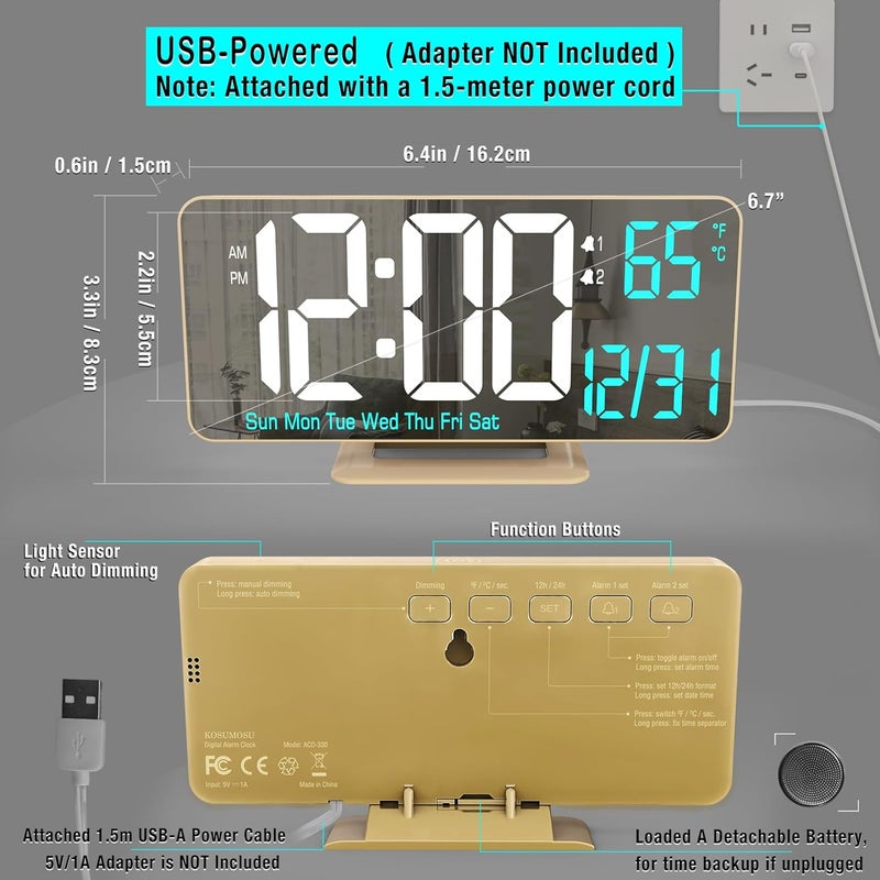 KOSUMOSU Dual Alarm Clock 6.7in Gold Desk Clock with Dimming, 12/24h, Seconds, Date, Day of Week, Temp, Digital LED Clock for Bedroom, Digital Calendar Clocks for Living Room Gold Desk Accessories - Image 5