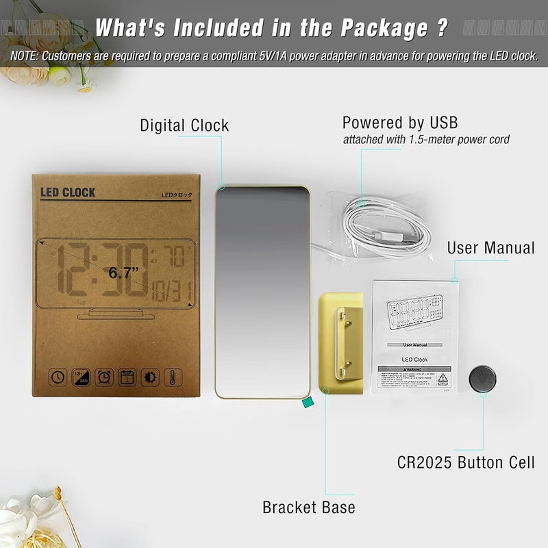 KOSUMOSU Dual Alarm Clock 6.7in Gold Desk Clock with Dimming, 12/24h, Seconds, Date, Day of Week, Temp, Digital LED Clock for Bedroom, Digital Calendar Clocks for Living Room Gold Desk Accessories - Image 4