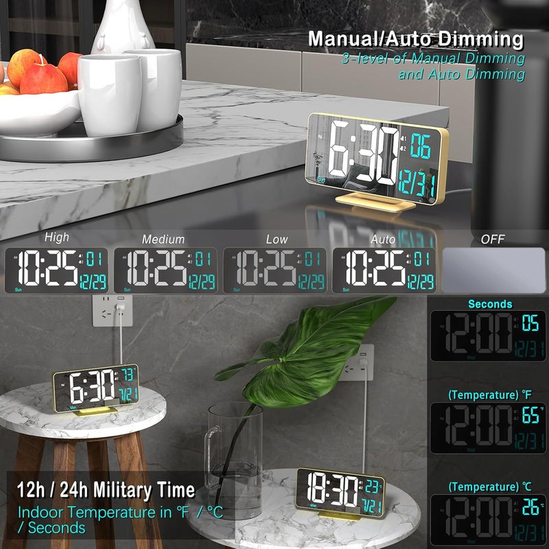 KOSUMOSU Dual Alarm Clock 6.7in Gold Desk Clock with Dimming, 12/24h, Seconds, Date, Day of Week, Temp, Digital LED Clock for Bedroom, Digital Calendar Clocks for Living Room Gold Desk Accessories - Image 3
