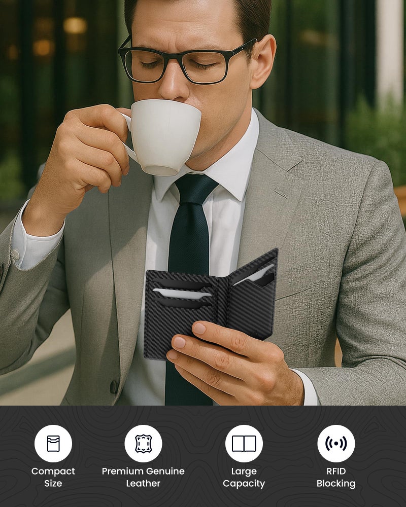 typecase Leather Wallet for Men Card Holder: Premium Genuine Leather, RFID Blocking, Slim, Minimalist, Front Pocket - 15 Cards Capacity | ID Window | Money Clip (Carbon Fiber) - Image 2