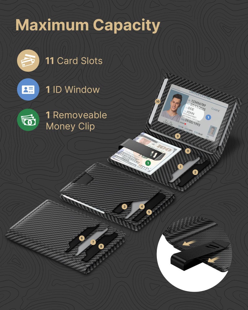 typecase Leather Wallet for Men Card Holder: Premium Genuine Leather, RFID Blocking, Slim, Minimalist, Front Pocket - 15 Cards Capacity | ID Window | Money Clip (Carbon Fiber) - Image 3