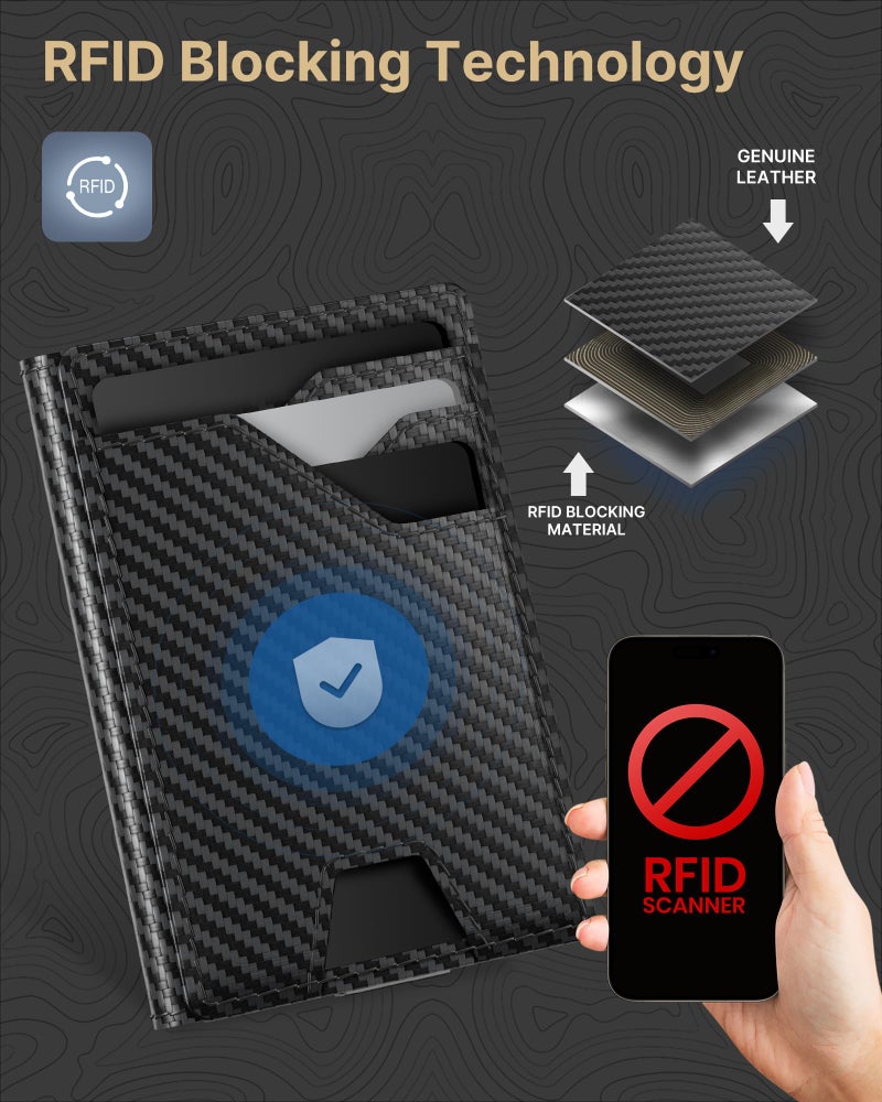 typecase Leather Wallet for Men Card Holder: Premium Genuine Leather, RFID Blocking, Slim, Minimalist, Front Pocket - 15 Cards Capacity | ID Window | Money Clip (Carbon Fiber) - Image 4