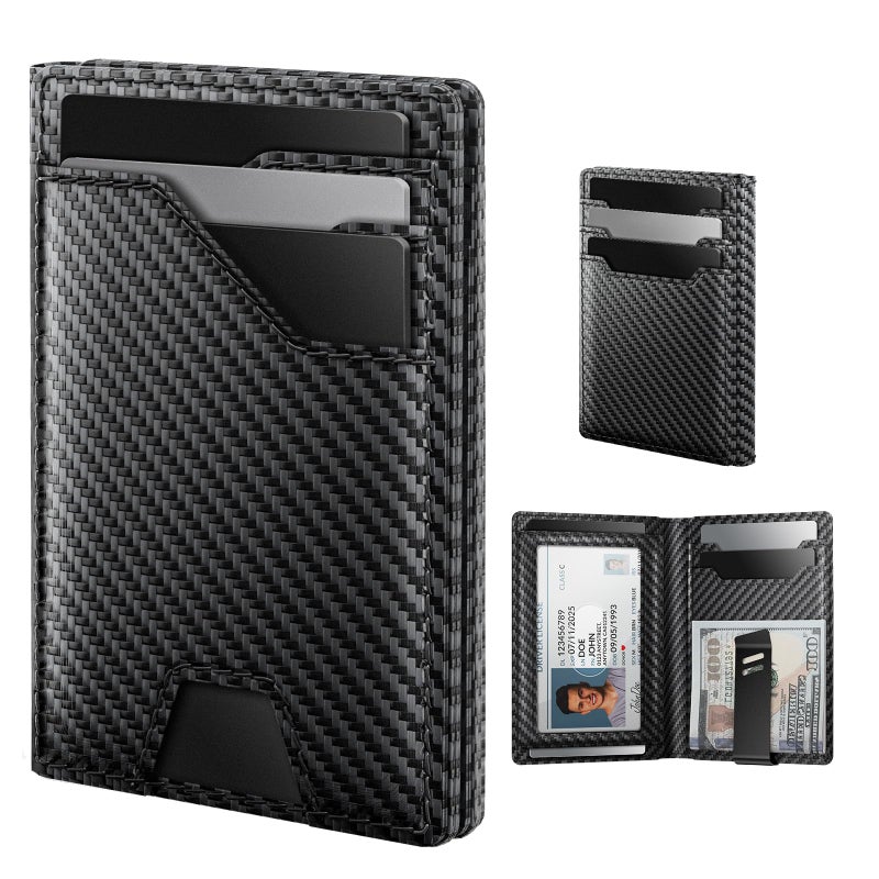 typecase Leather Wallet for Men Card Holder: Premium Genuine Leather, RFID Blocking, Slim, Minimalist, Front Pocket - 15 Cards Capacity | ID Window | Money Clip (Carbon Fiber) - Image 1