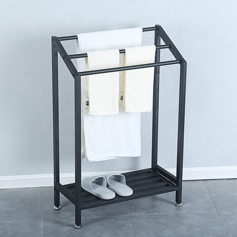 Indian Decor 58100 Home Bath Towel Hanger- Indoor/Outdoor Free Standing Towel Rack for Bathroom,3 Tier Metal Towel Bar Stand with Shelf - Black - Image 3