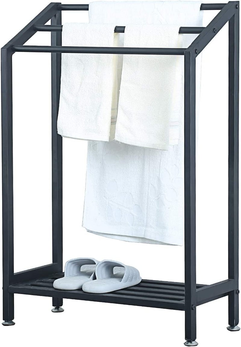 Indian Decor 58100 Home Bath Towel Hanger- Indoor/Outdoor Free Standing Towel Rack for Bathroom,3 Tier Metal Towel Bar Stand with Shelf - Black - Image 1