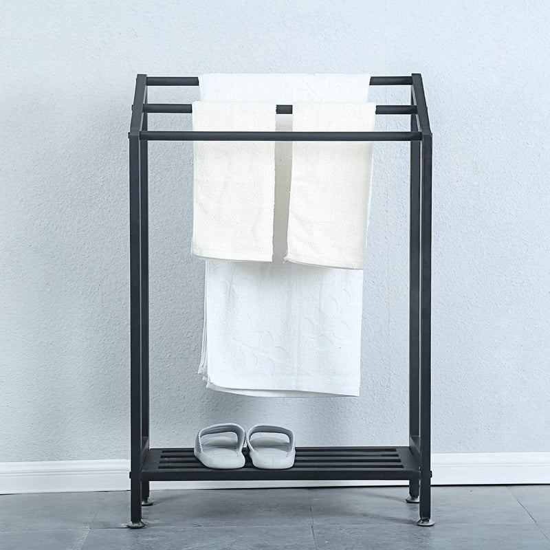 Indian Decor 58100 Home Bath Towel Hanger- Indoor/Outdoor Free Standing Towel Rack for Bathroom,3 Tier Metal Towel Bar Stand with Shelf - Black - Image 2