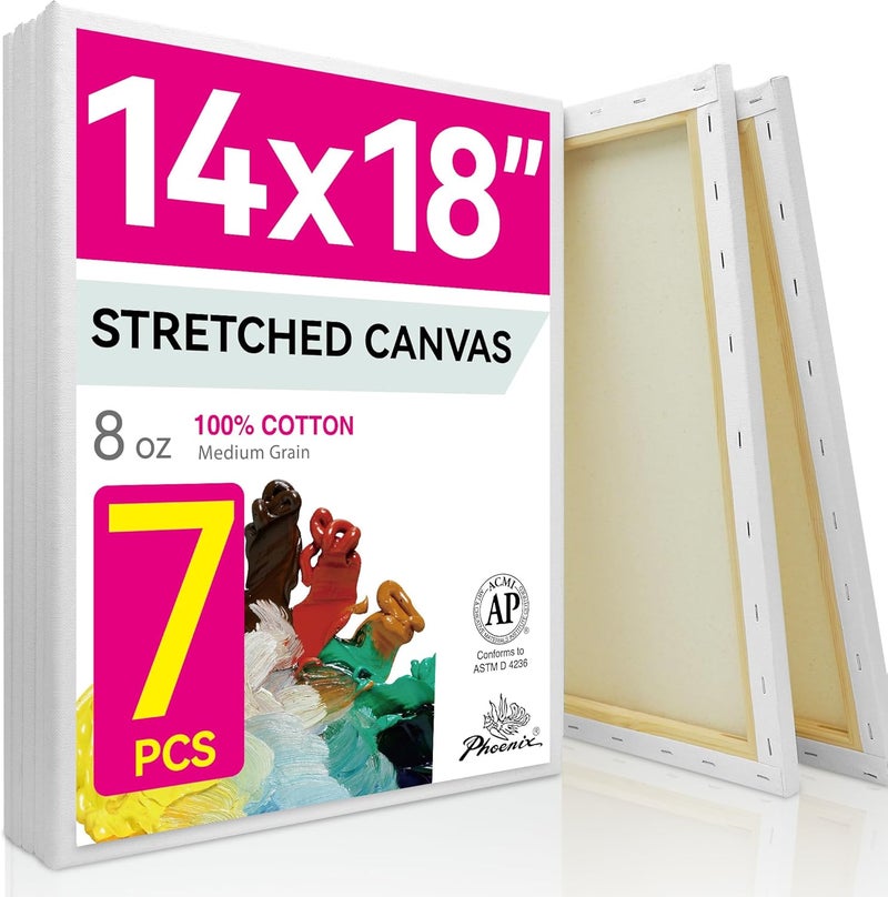 Phoenix Large Stretched Canvas for Painting 14x18 Inch/7 Value Pack, 8 Oz Triple Primed 5/8 Inch Profile 100% Cotton White Blank Canvas, Large Framed Canvas for Oil Acrylic & Pouring Art - Image 1