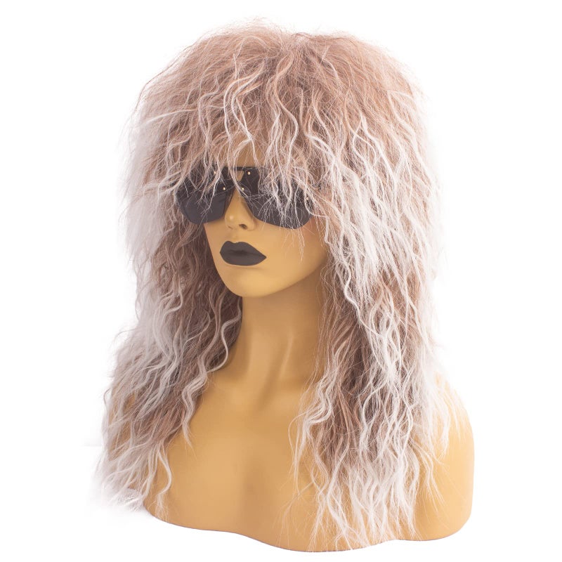 Askuang 80s Costumes for Men 80s Rock Mullet Wigs for Women and Men Curly Long Punk Heavy Metal Rocker Wig Halloween Costume Male Wig Ombre Brown - Image 1