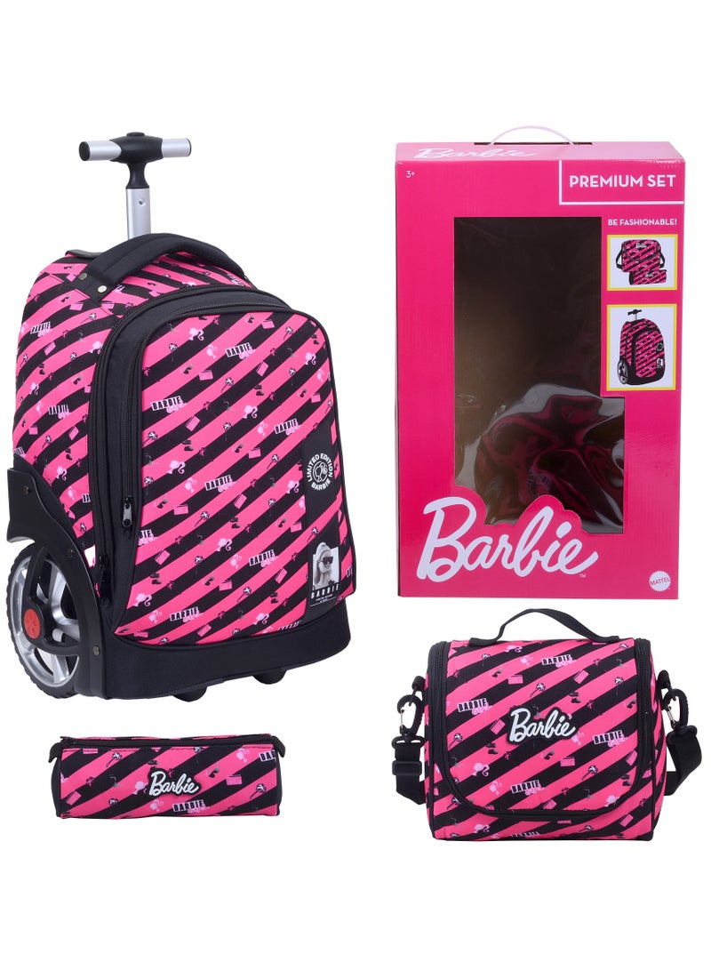 Barbie عربة باربي الكبيرة - مجموعة حقائب بعجلات 3 قطع - حقيبة غداء وعلبة أقلام - Image 1