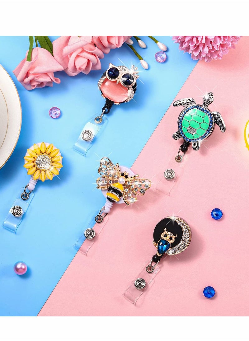 Excefore Crystal Badge Reels 5Pcs Retractable Rhinestone Holder ID Name with Alligator Swivel Clip for Teacher Worker Nurse Gift (Turtle, Bee, Owl, Flower)  - Image 5