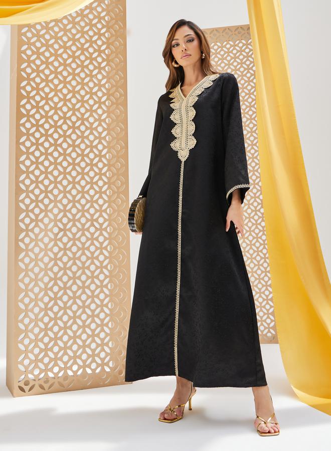 Styli Jacquard Jalabiya with Embroidered Lace Detail - Image 1